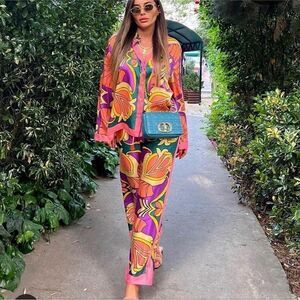 ZARA Shirt & Pants Set Geometric Print 2 Piece Matching Palazzo Pant & Top